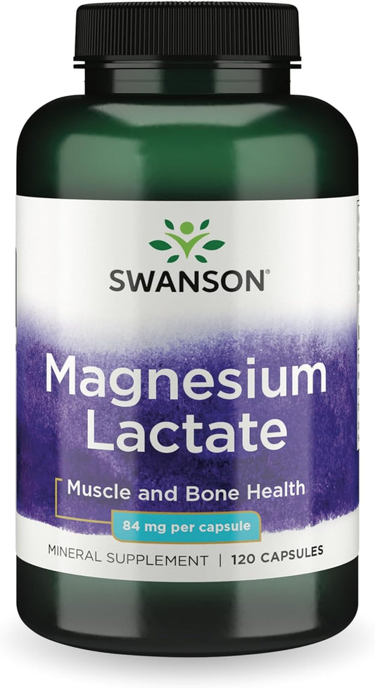 Swanson Magnesium Lactate Capsules - Lactose-Free Mineral Supplement for Muscle and Bone Health - Gentle Absorption Formula (120 Count, 84mg)