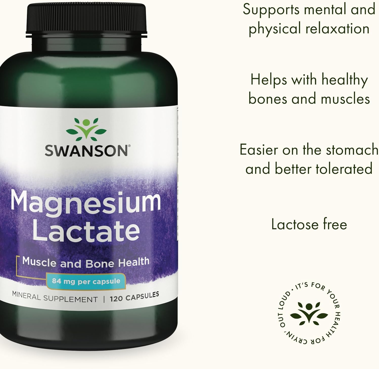 Swanson Magnesium Lactate Capsules - Lactose-Free Mineral Supplement for Muscle and Bone Health - Gentle Absorption Formula (120 Count, 84mg)