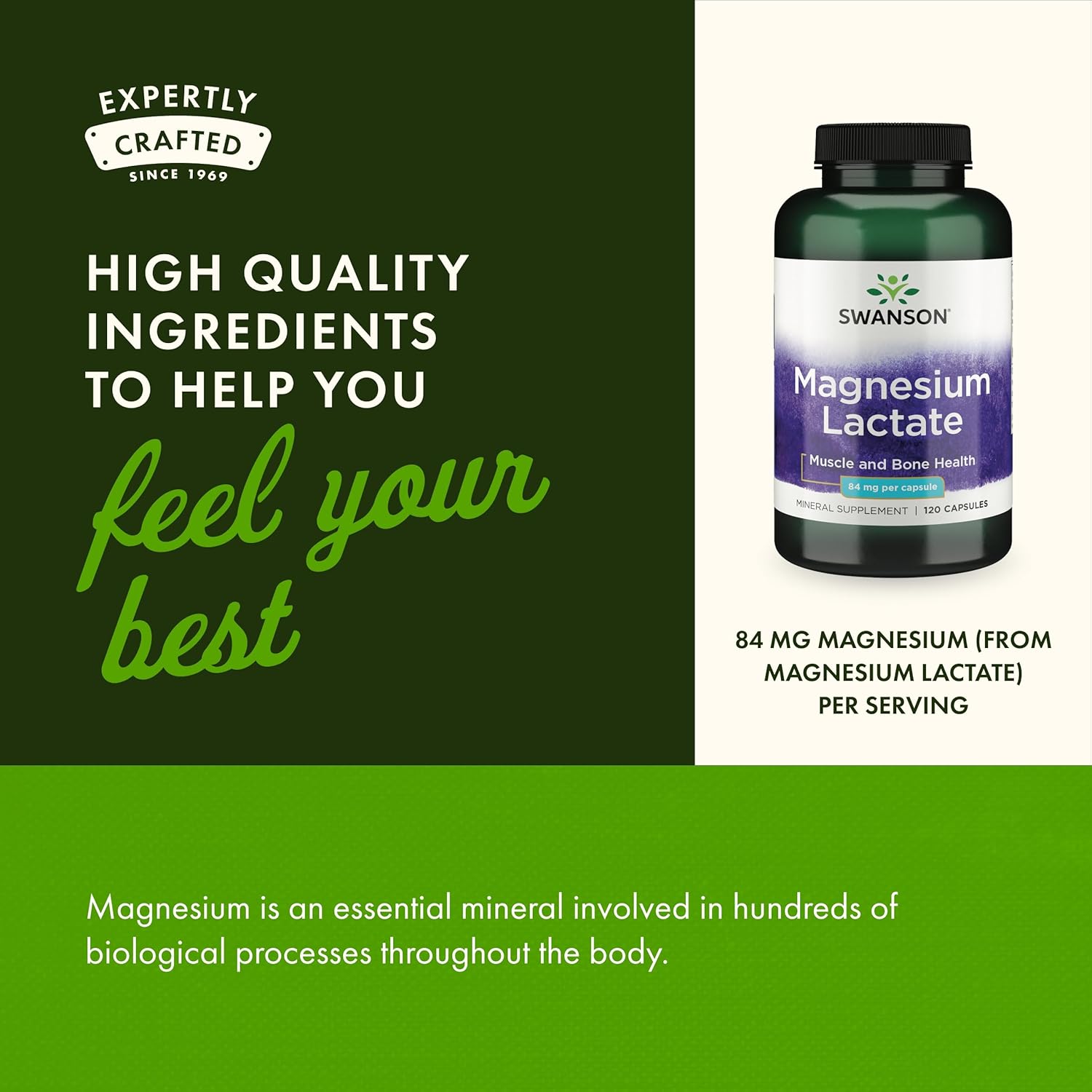Swanson Magnesium Lactate Capsules - Lactose-Free Mineral Supplement for Muscle and Bone Health - Gentle Absorption Formula (120 Count, 84mg)