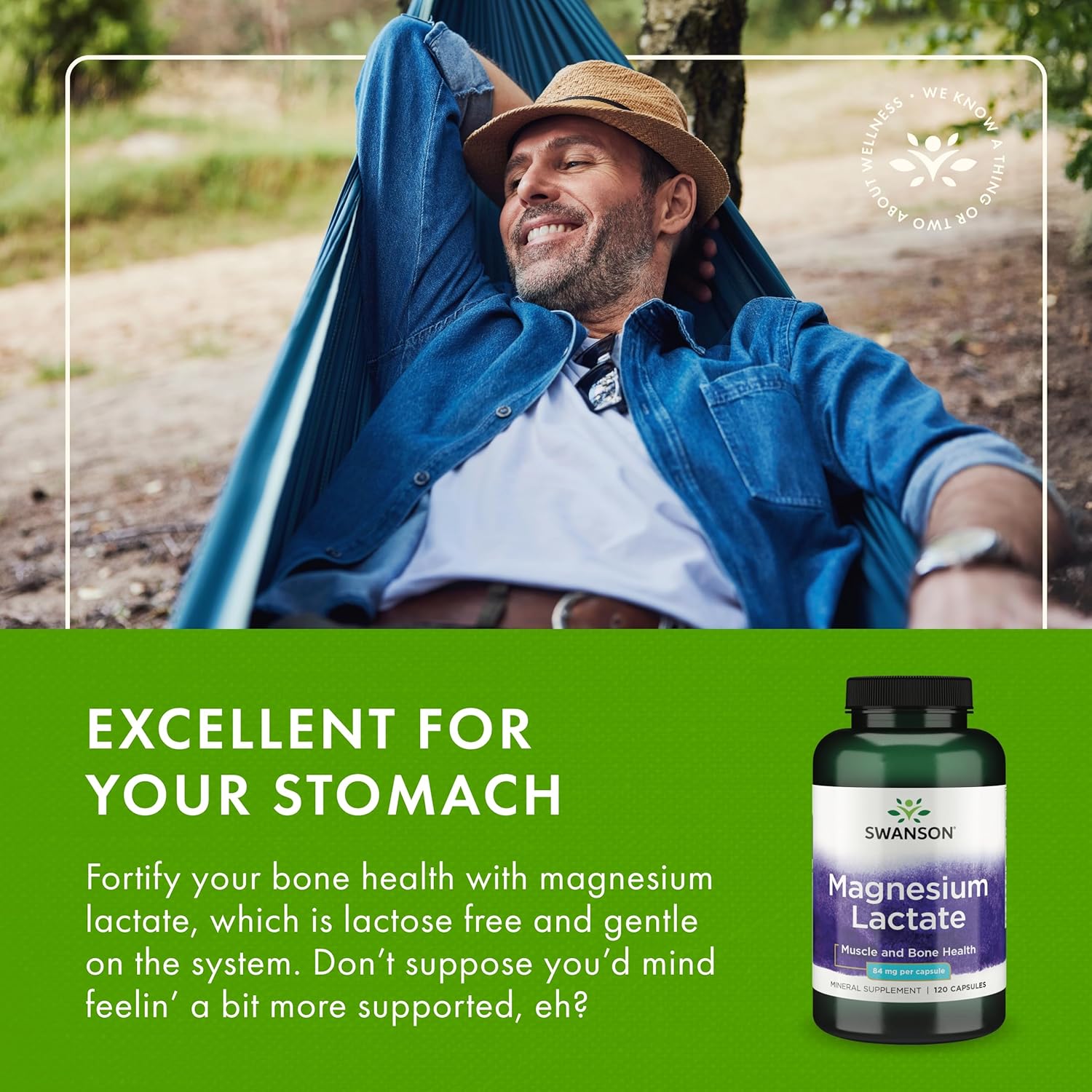 Swanson Magnesium Lactate Capsules - Lactose-Free Mineral Supplement for Muscle and Bone Health - Gentle Absorption Formula (120 Count, 84mg)