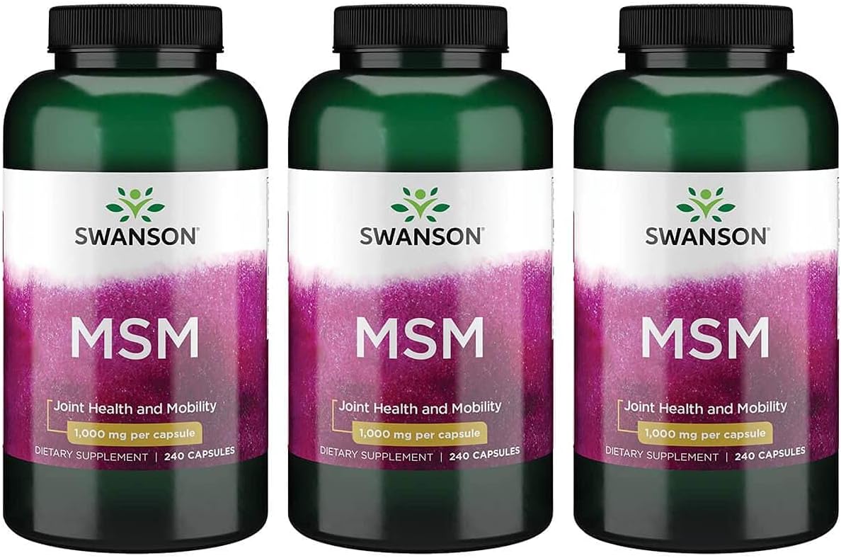 Swanson MSM Capsules for Joint Health Support - 240 Capsules x 1000mg - Promotes Mobility and Connective Tissue Health - Pack of 3 Bottles