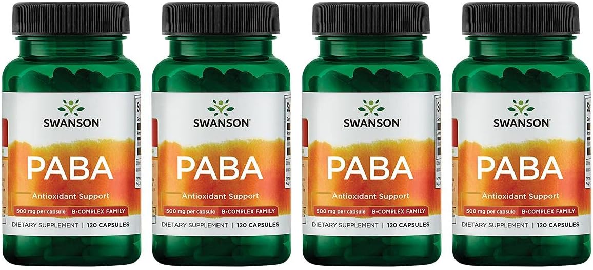Swanson PABA 500mg Capsules, 4 Pack - Supports Red Blood Cell Formation and Skin Health - Folic Acid for Oxygen Supply to Cells