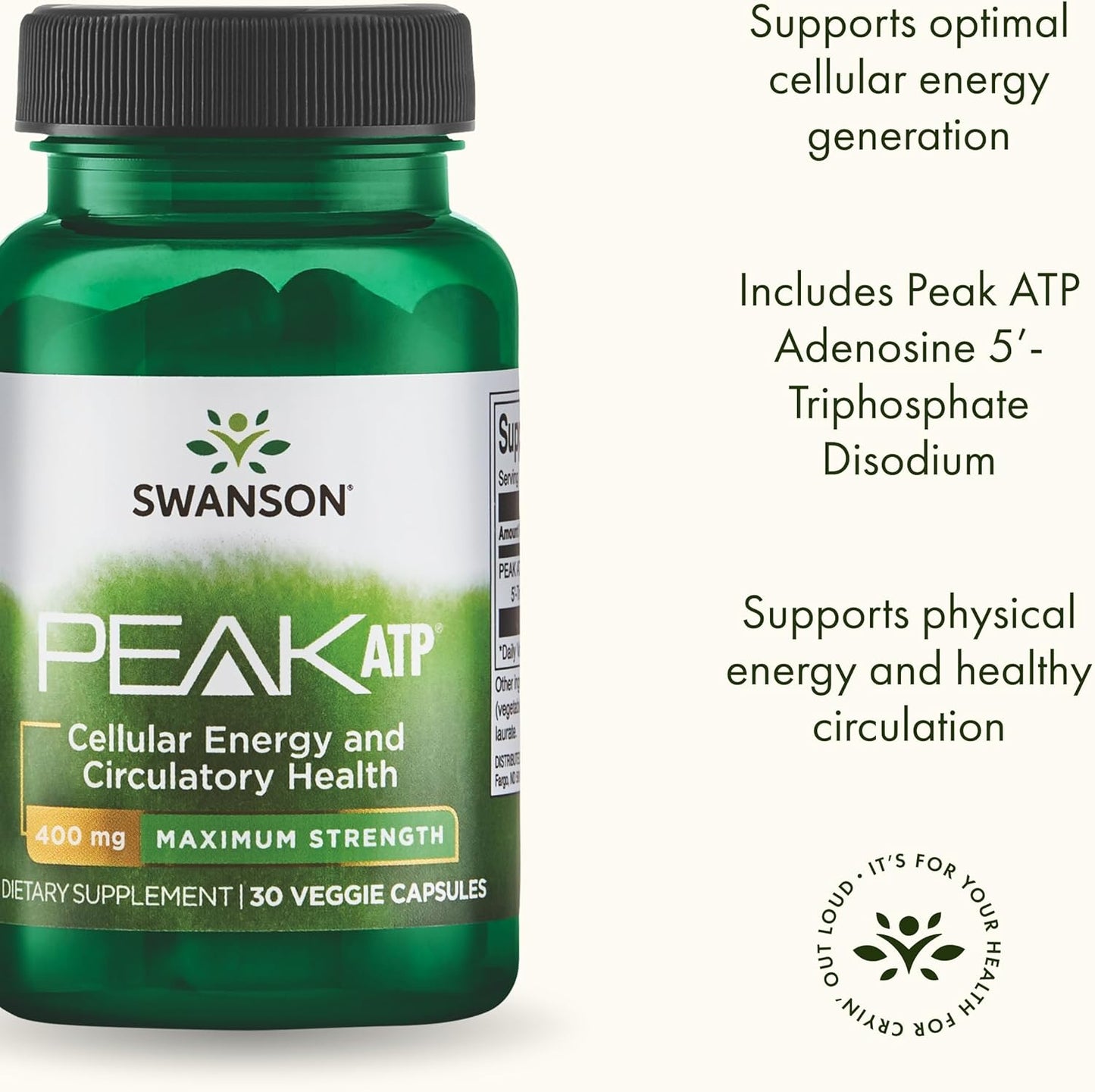 Swanson Peak ATP Maximum Strength Supplement for Cellular Energy & Physical Performance - 30 Veggie Capsules, 400mg