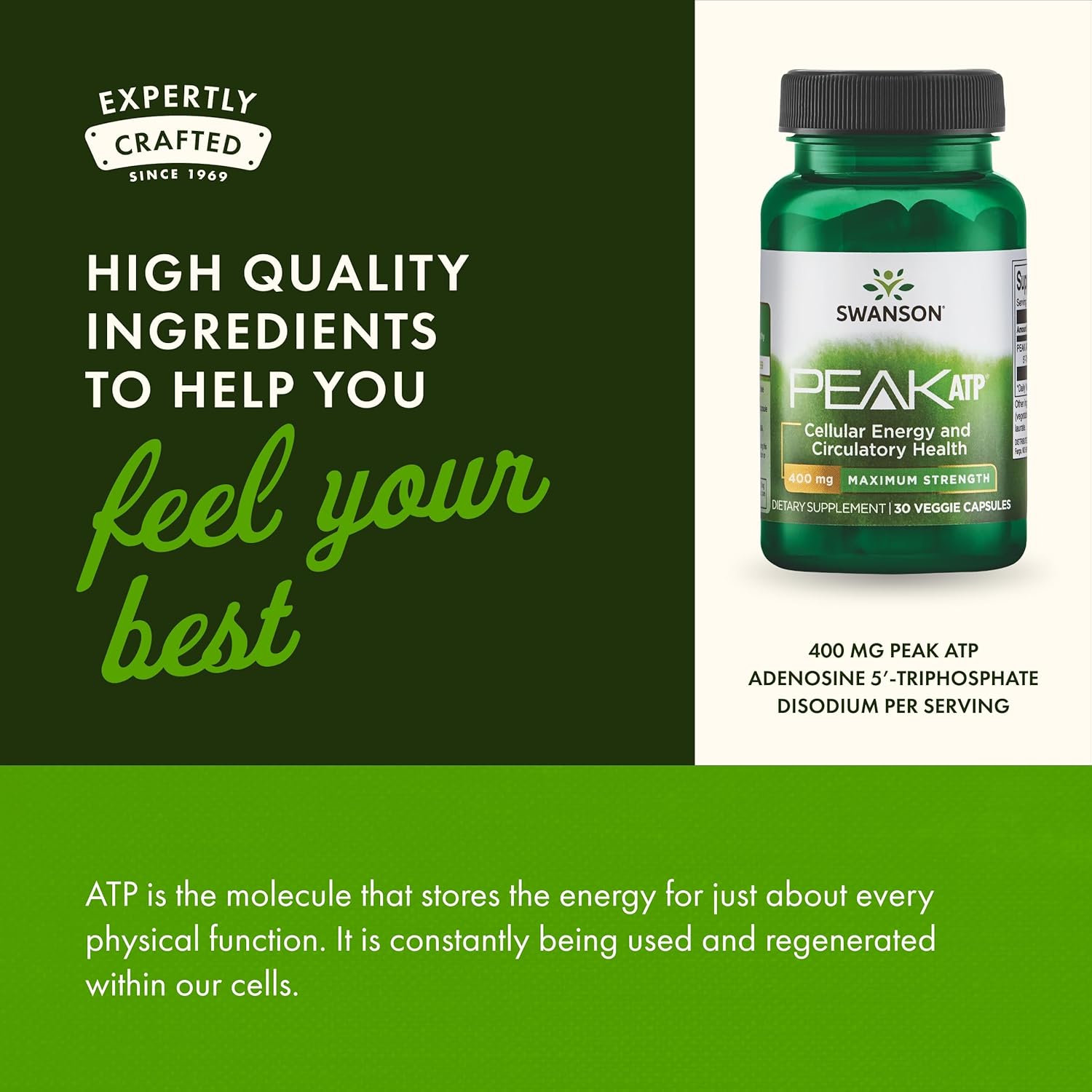 Swanson Peak ATP Maximum Strength Supplement for Cellular Energy & Physical Performance - 30 Veggie Capsules, 400mg