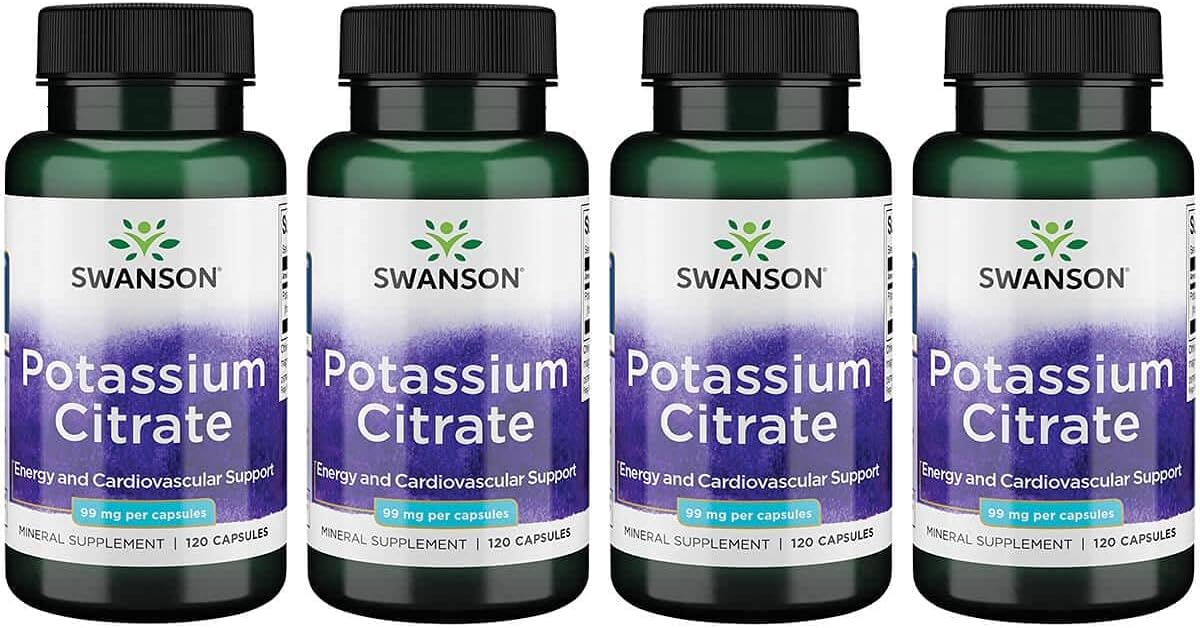 Swanson Potassium Citrate Capsules - Heart Health & Energy Support - Nerve & Kidney Function - Natural Ingredients - 4 Pack of 120 Capsules
