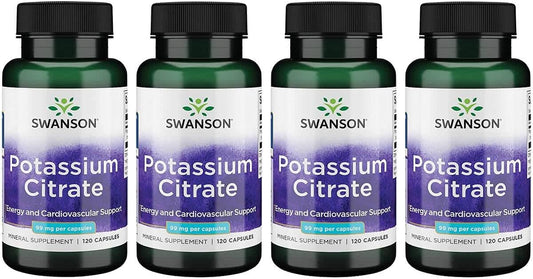 Swanson Potassium Citrate Capsules - Heart Health & Energy Support - Nerve & Kidney Function - Natural Ingredients - 4 Pack of 120 Capsules
