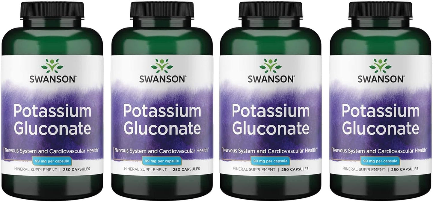 Swanson Potassium Gluconate 99mg 250 Capsules - Pack of 4