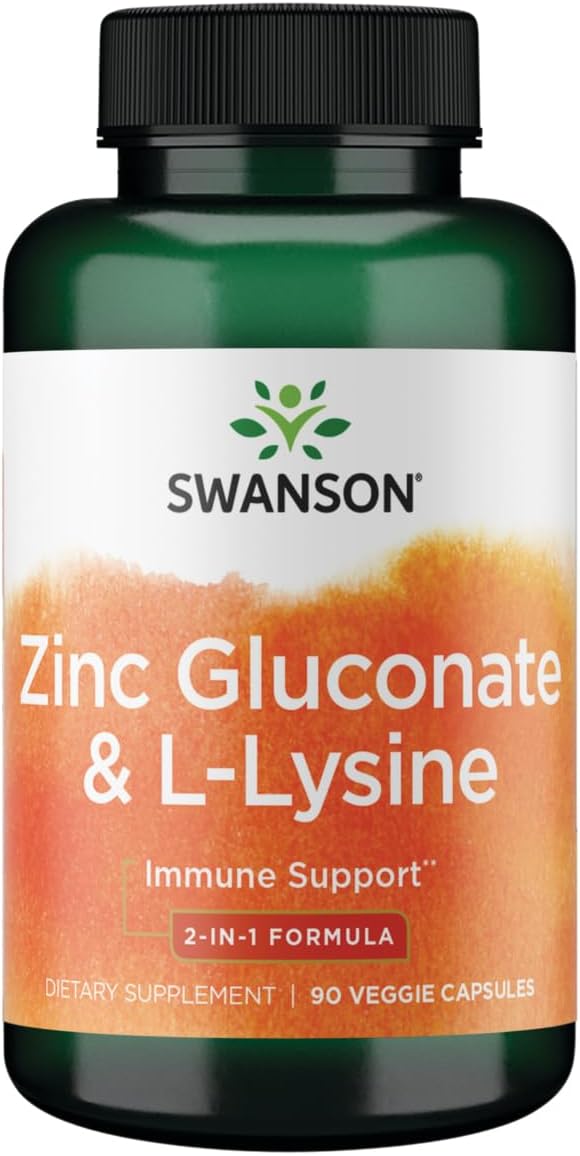 Swanson Premium Zinc Gluconate & L-Lysine Veg Caps - 2-in-1 Formula (90 Count)