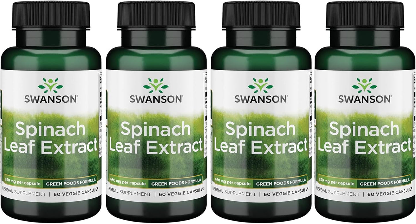 Swanson Spinach Leaf Extract Capsules - Natural Health Supplement with Thylakoids & Chlorophyll - 60 Veggie Capsules, 650mg - Pack of 4