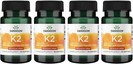 Swanson Vitamin K2 (Menaquinone-7) Softgels - Japanese Natto Supplement for Cardiovascular & Bone Health - 100mcg, 30 Softgels x 4 Pack