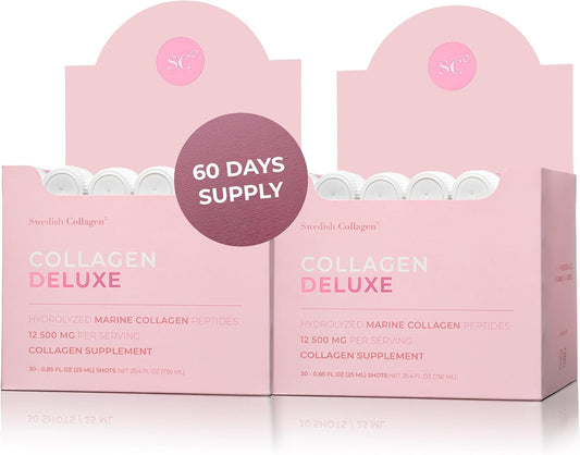 Swedish Collagen Deluxe Bundle - 30 Shots x 2, 8-Week Supply, 12500mg Marine Collagen, Hyaluronic Acid, Biotin, Vitamin C, Sugar-Free