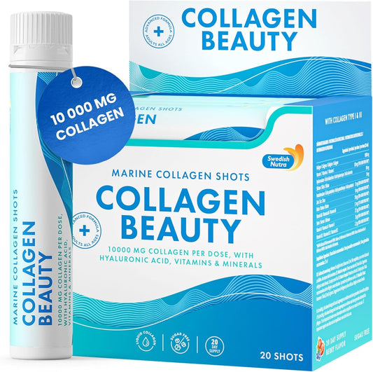 Swedish Nutra Collagen Beauty Liquid Supplement - 10,000 mg Hydrolyzed Marine Collagen Shots with Hyaluronic Acid and Vitamin C for Healthy Hair, Skin, Nails - Sugar-Free - 20 x 25 ml