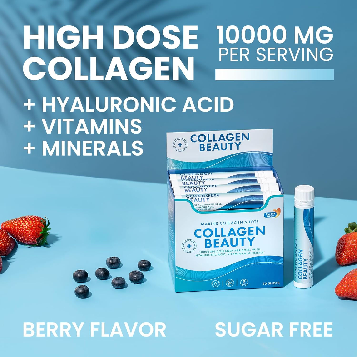 Swedish Nutra Collagen Beauty Liquid Supplement - 10,000 mg Hydrolyzed Marine Collagen Shots with Hyaluronic Acid and Vitamin C for Hair, Skin, Nails - 30 x 25 ml - Sugar-Free