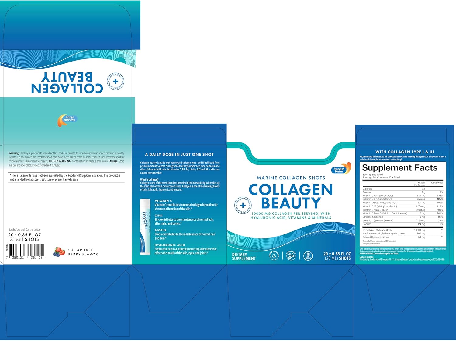 Swedish Nutra Collagen Beauty Liquid Supplement - 10,000 mg Hydrolyzed Marine Collagen Shots with Hyaluronic Acid and Vitamin C for Hair, Skin, Nails - 30 x 25 ml - Sugar-Free