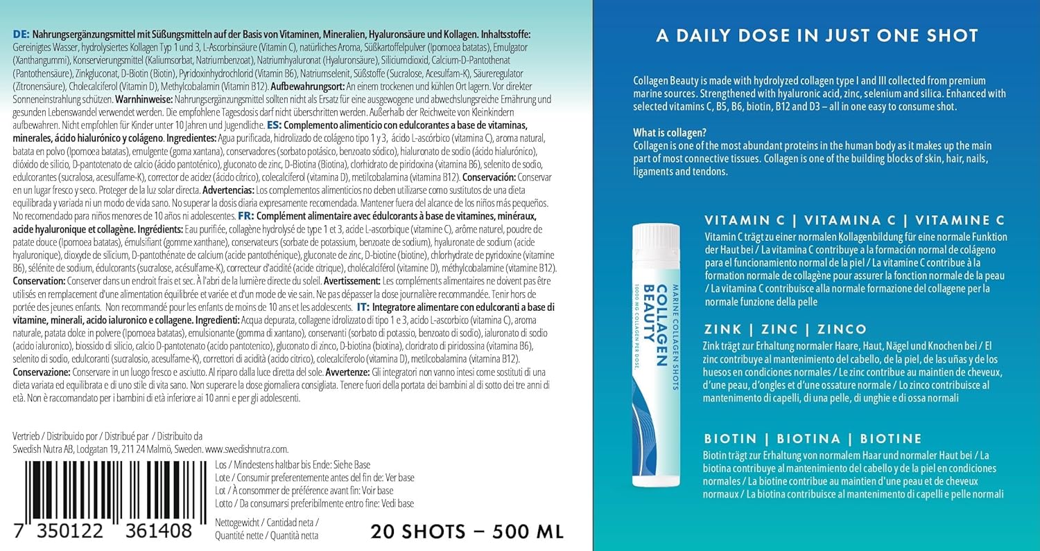 Swedish Nutra Collagen Beauty Liquid Supplement - 10,000 mg Hydrolyzed Marine Collagen Shots with Hyaluronic Acid and Vitamin C for Healthy Hair, Skin, Nails - Sugar-Free - 20 x 25 ml