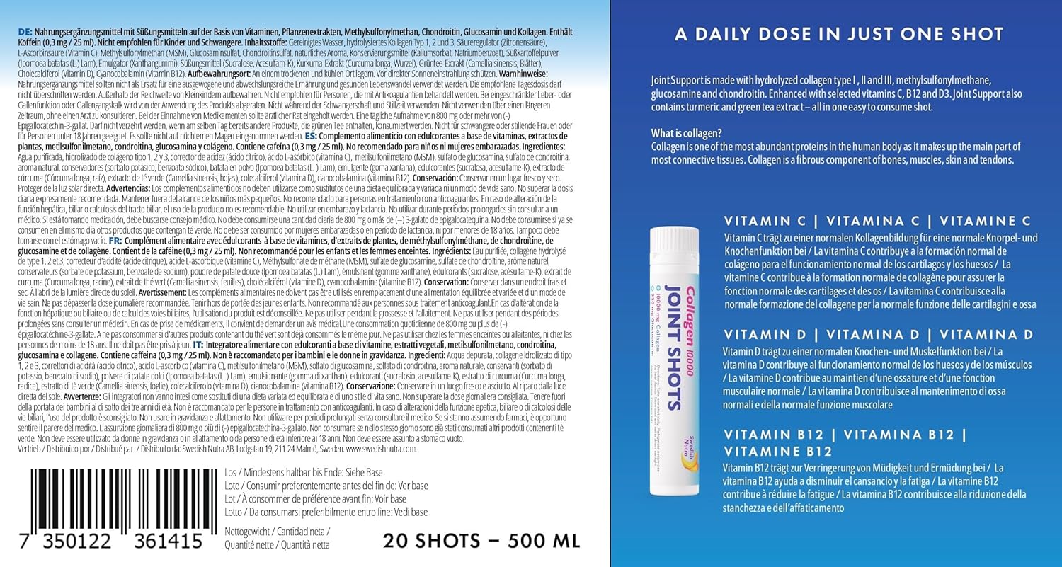 Swedish Nutra Joint Support Shots - Collagen & Turmeric - 20 Shots - Sugar-Free