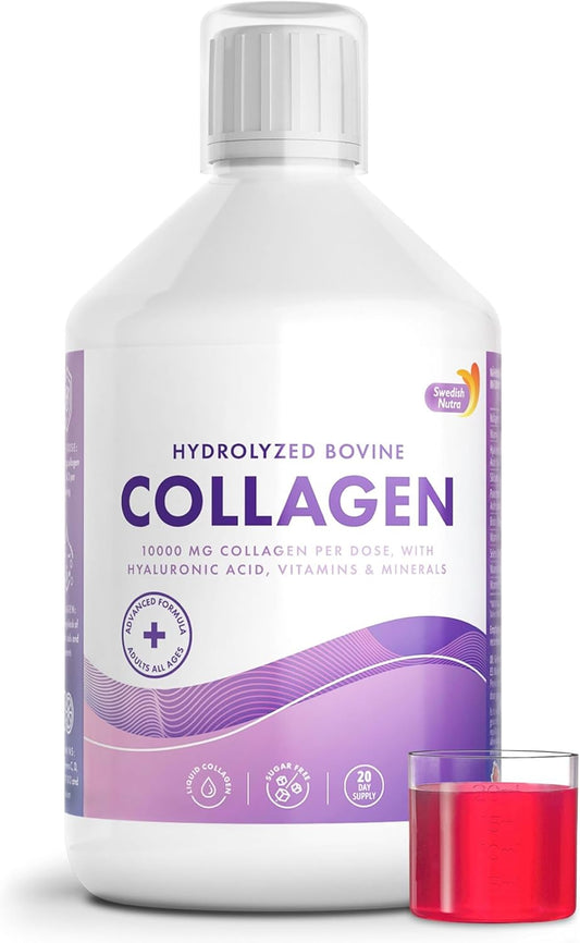 Swedish Nutra Liquid Collagen 10000mg with Hyaluronic Acid and Biotin in Natural Flavor - 500ml Bottle, Sugar-Free - Promotes Healthier Skin, Hair, and Nails - High Absorption Formula - 20 Day Supply