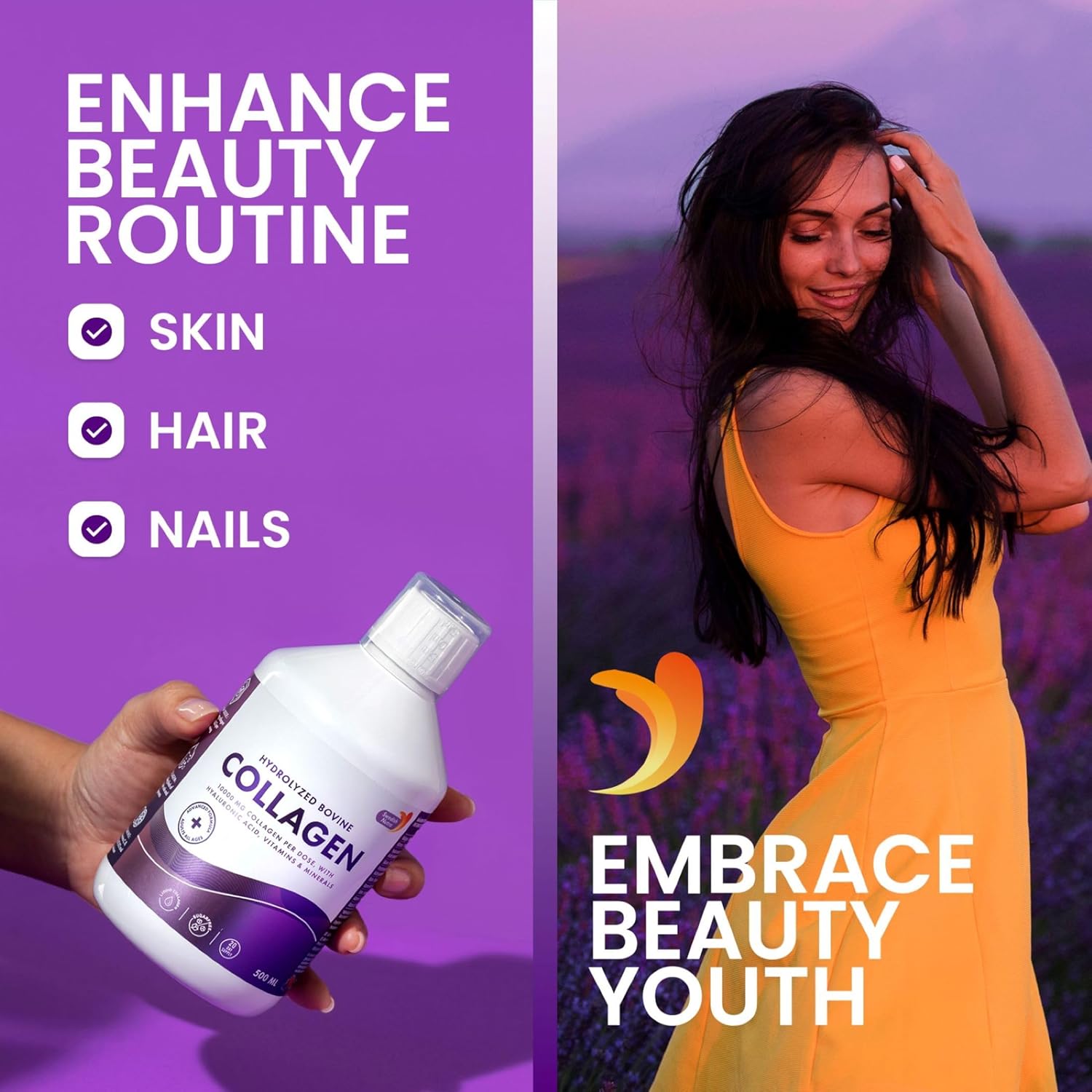 Swedish Nutra Liquid Collagen 10000mg with Hyaluronic Acid and Biotin in Natural Flavor - 500ml Bottle, Sugar-Free - Promotes Healthier Skin, Hair, and Nails - High Absorption Formula - 20 Day Supply
