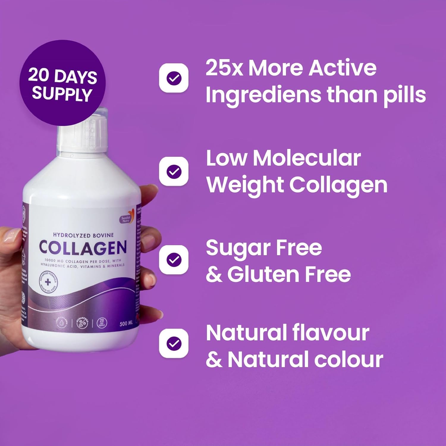 Swedish Nutra Liquid Collagen 10000mg with Hyaluronic Acid and Biotin in Natural Flavor - 500ml Bottle, Sugar-Free - Promotes Healthier Skin, Hair, and Nails - High Absorption Formula - 20 Day Supply