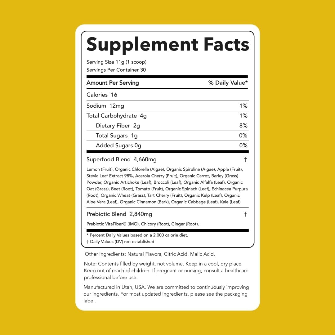 Sweet Lemon Greens Powder Mix - Superfood Smoothie & Juice Mix with Chlorella & Spirulina - Gluten Free & Organic (30 Servings)