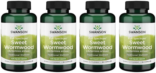 Sweet Wormwood Herbal Supplement - Supports Gut Health, Microbial Balance, and Digestive Health - With Artemisinin - 90 Capsules, 425mg - Pack of 4 Bottles
