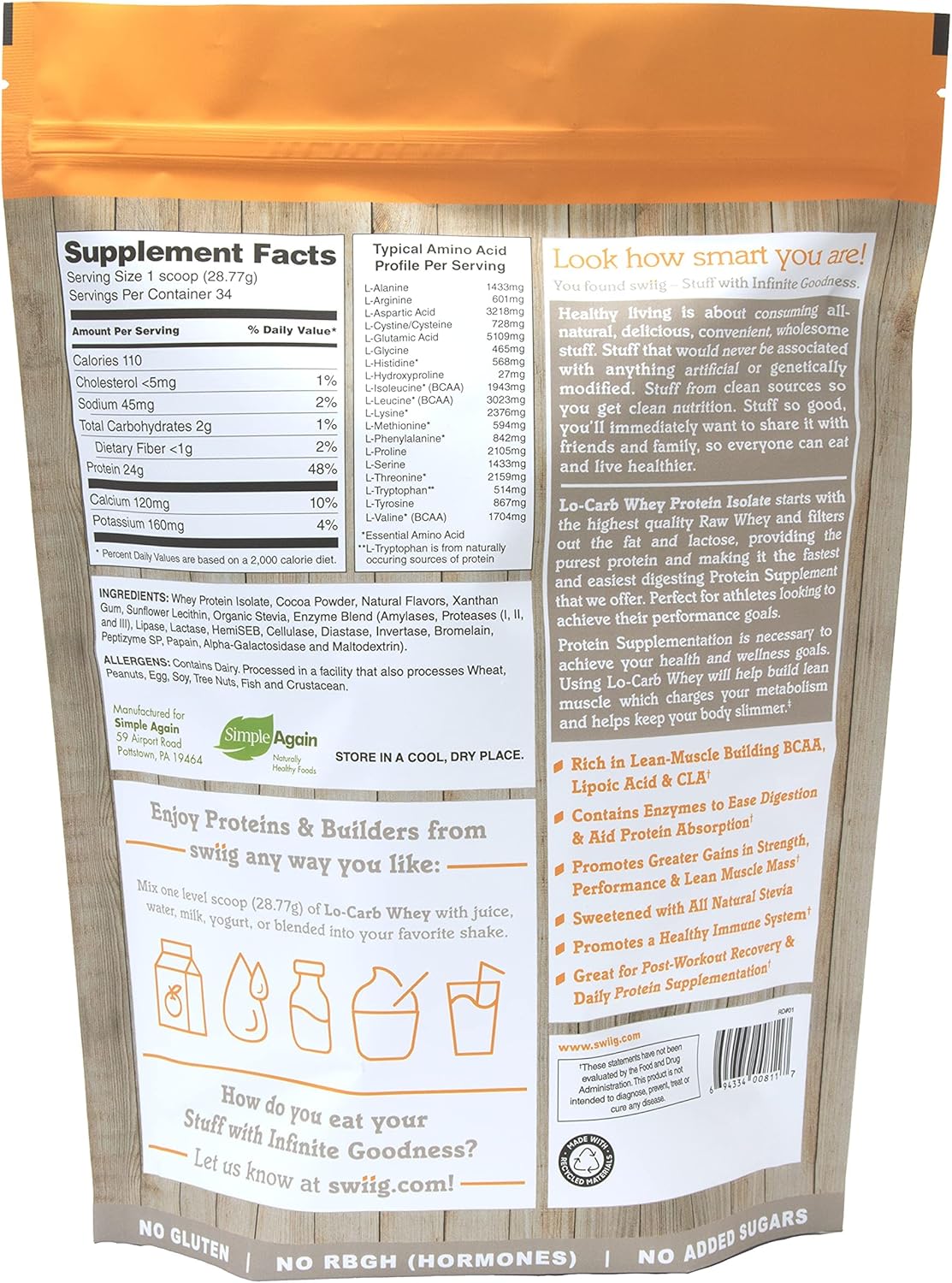 swiig Chocolate Lo-Carb Whey Protein Isolate Powder - No Artificial Ingredients - 2.2lb Bag