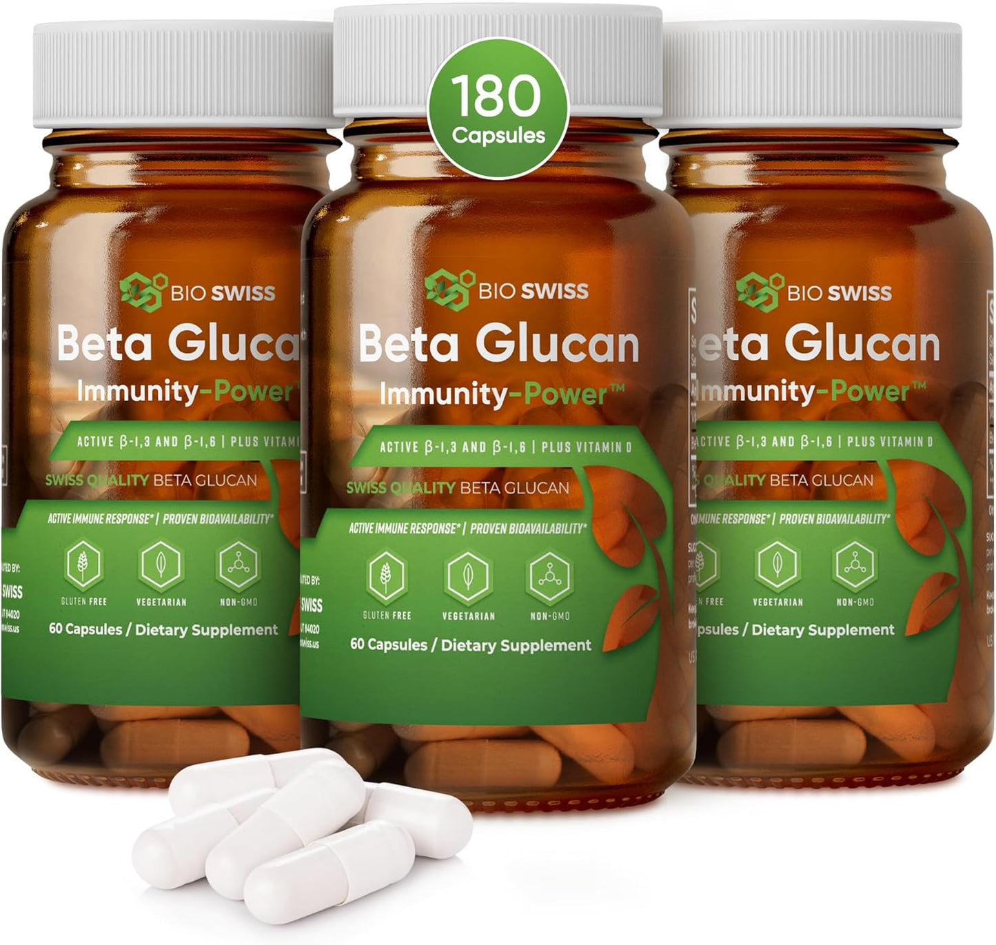 Swiss Beta Glucan Immunity Power with Vitamin D - Immune Support Supplement for Enhanced Defense - Vegan & Gluten-Free - 180 Capsules