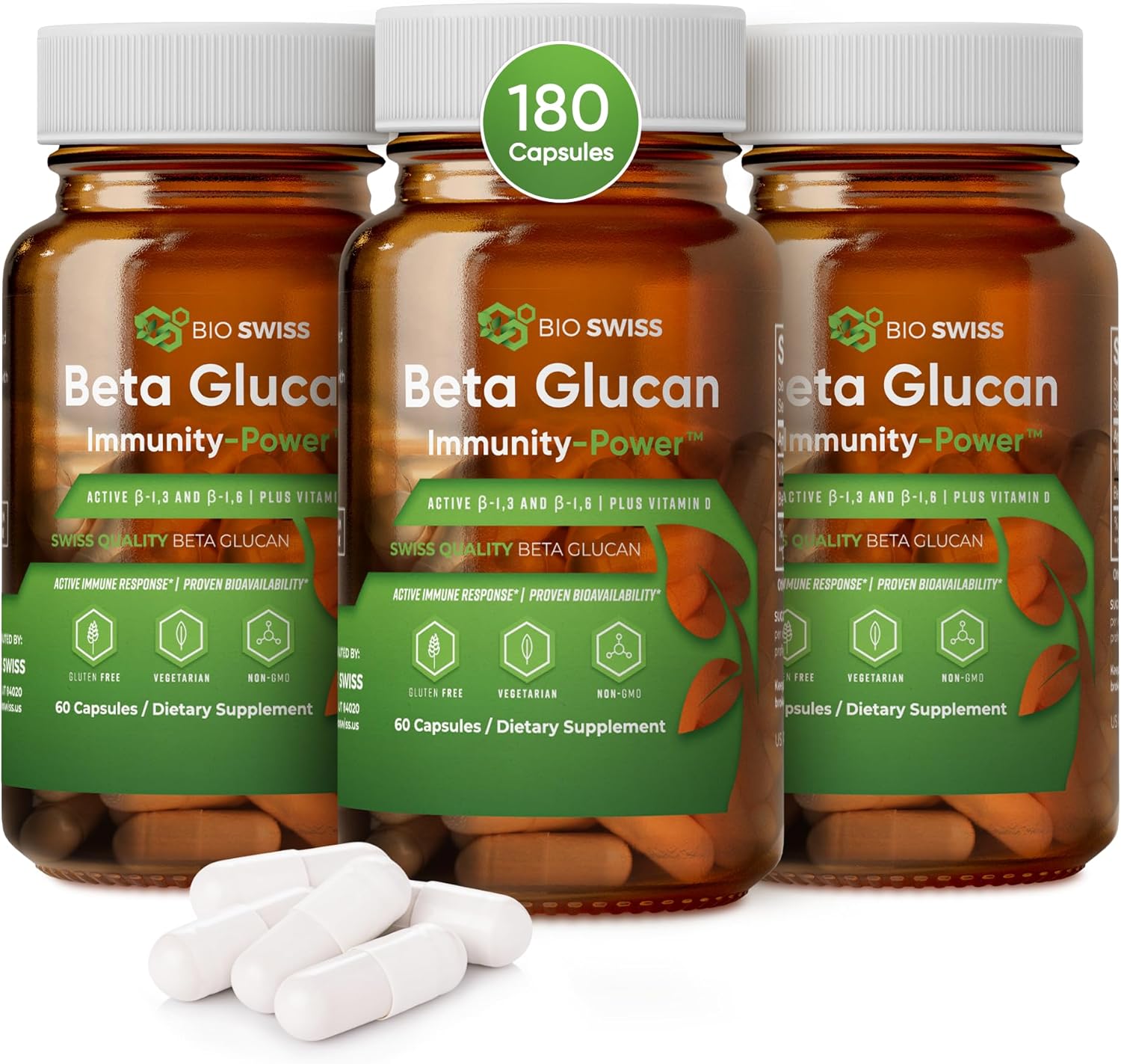 Swiss Beta Glucan Immunity Power with Vitamin D - Immune Support Supplement for Enhanced Defense - Vegan & Gluten-Free - 180 Capsules