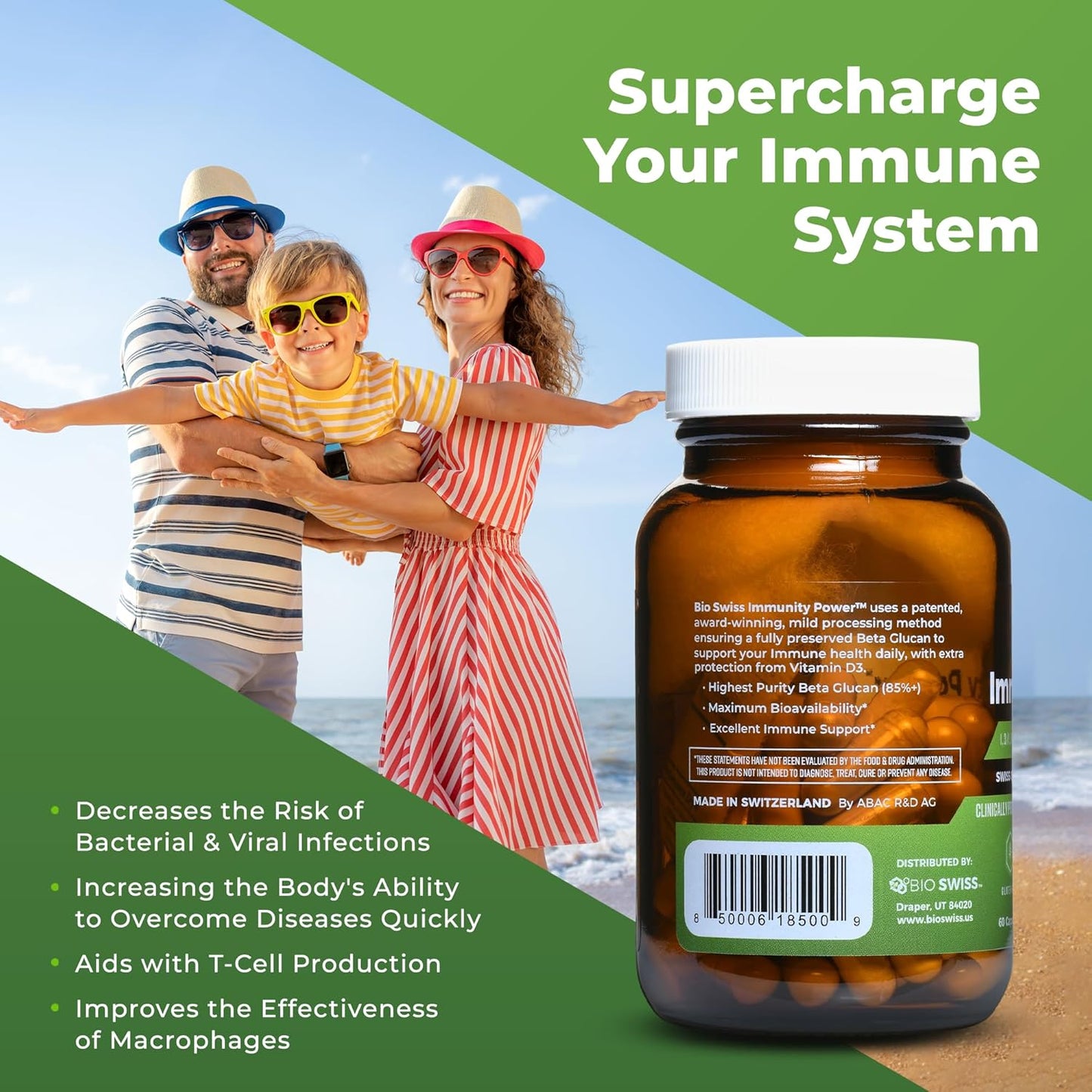 Swiss Beta Glucan Immunity Power with Vitamin D - Immune Support Supplement for Enhanced Defense - Vegan & Gluten-Free - 180 Capsules
