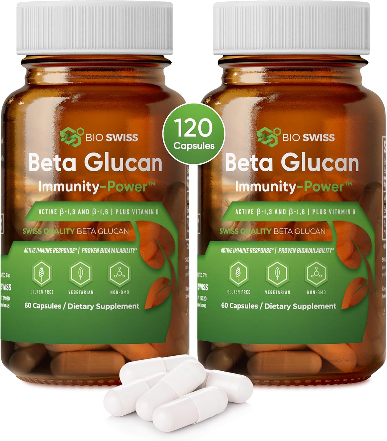 Swiss Bio Beta Glucan Immunity Power Supplement with Vitamin D - Vegan, Gluten-Free Immune Support (120 Capsules)