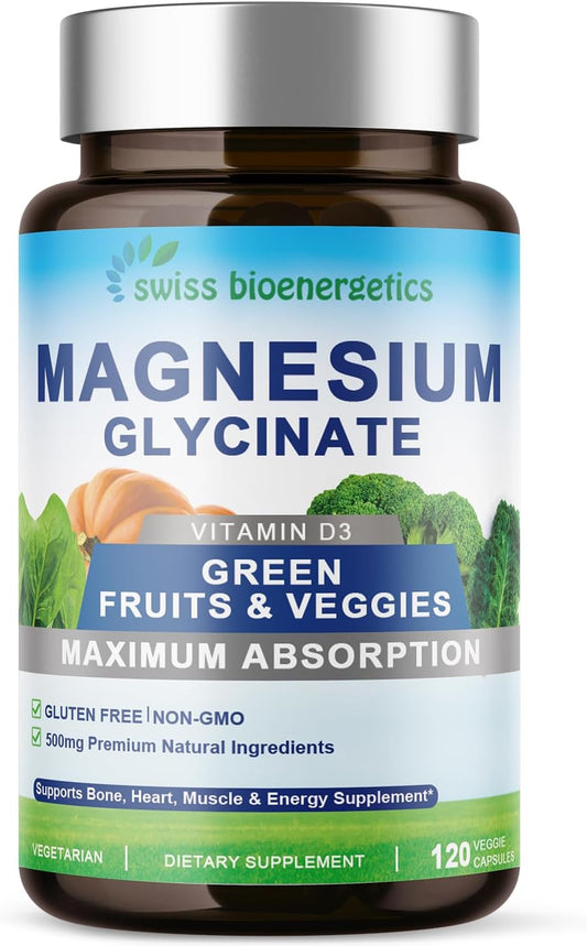 Swiss Bioenergetics Magnesium Glycinate & Vitamin D3 Capsules - Non-GMO, Gluten-Free Supplement for Nerve, Muscle, Bone, and Heart Health - 120 Vegan Capsules for 60 Days