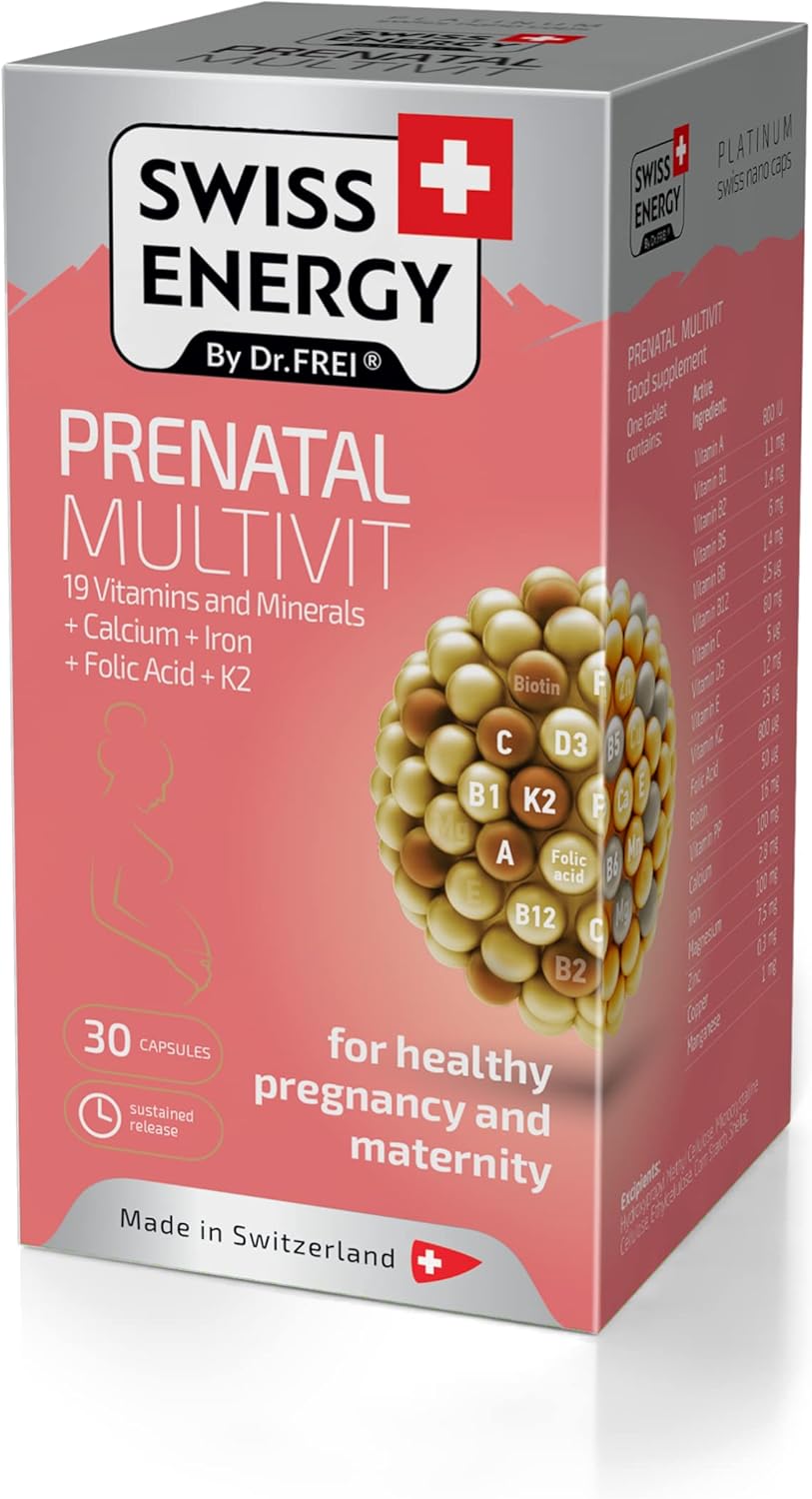 Swiss Energy Prenatal Multivitamin with 19 Essential Nutrients, Calcium, Iron, Folic Acid, and Vitamin K2 - 30 Capsules