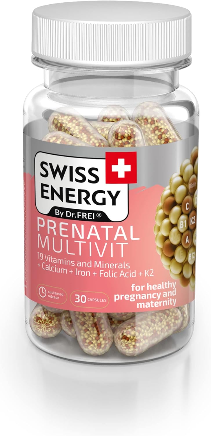 Swiss Energy Prenatal Multivitamin with 19 Essential Nutrients, Calcium, Iron, Folic Acid, and Vitamin K2 - 30 Capsules