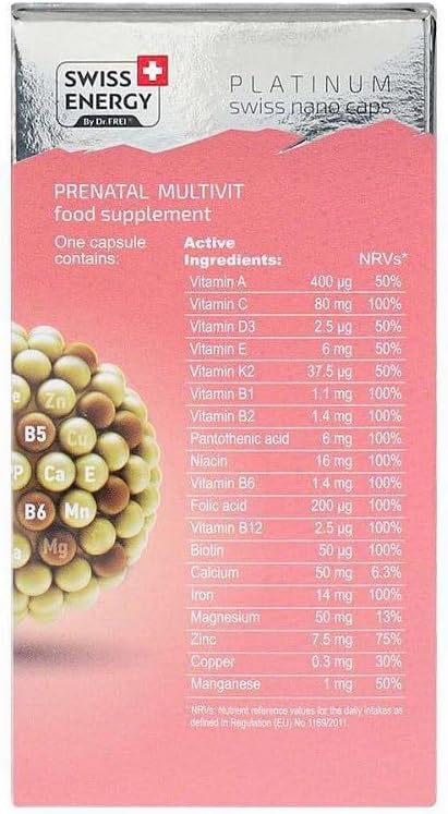 Swiss Energy Prenatal Multivitamin with 19 Essential Nutrients, Calcium, Iron, Folic Acid, and Vitamin K2 - 30 Capsules
