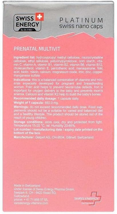 Swiss Energy Prenatal Multivitamin with 19 Essential Nutrients, Calcium, Iron, Folic Acid, and Vitamin K2 - 30 Capsules