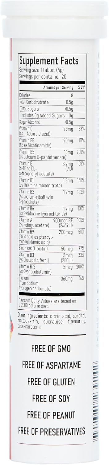 Swiss Imports Effervescent Multivitamin Tablets with Biotin for Wellness and Vitality - Includes Vitamins C, E, B1, B2, B6, B12, A, and D3 - 20 Tablets
