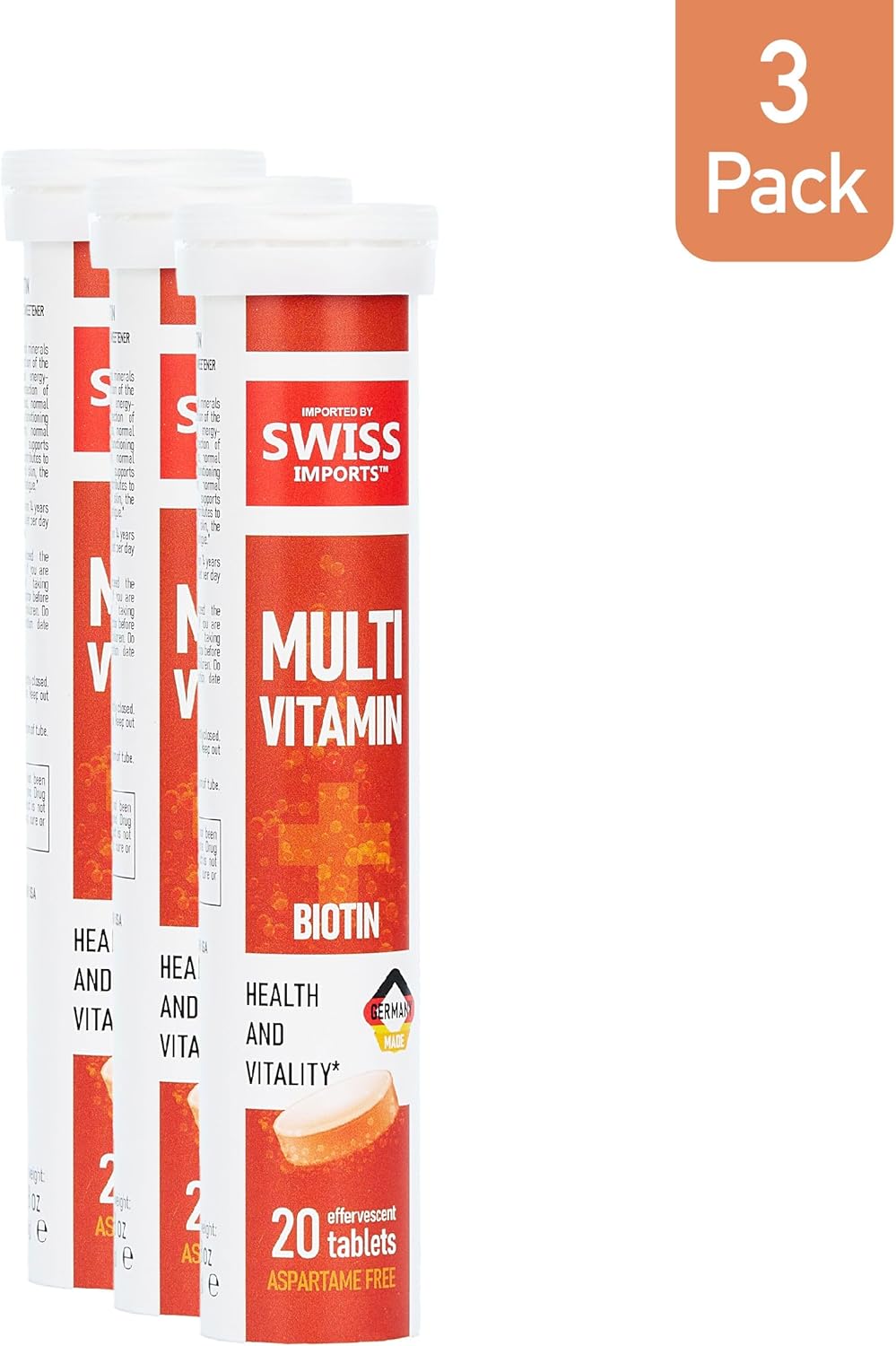 Swiss Imports Effervescent Multivitamins with Biotin - Wellness and Vitality Supplement, 3-Pack, 60 Tablets