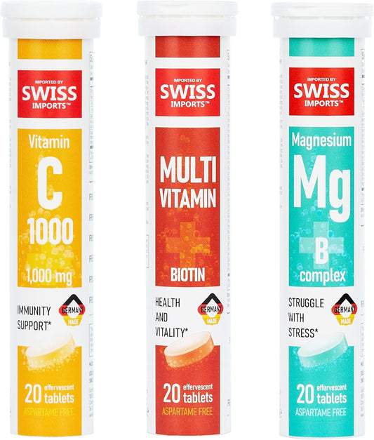 Swiss Imports Effervescent Variety Pack: Vitamin C 1000mg, Magnesium, B Complex, Multivitamin, Biotin - 6-Pack, 120 Tablets