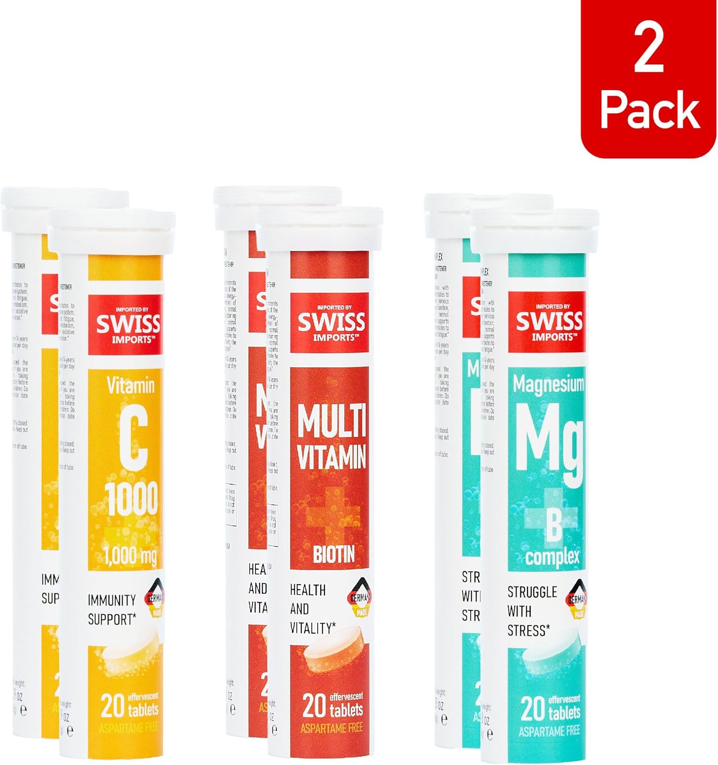 Swiss Imports Effervescent Variety Pack: Vitamin C 1000mg, Magnesium, B Complex, Multivitamin, Biotin - 6-Pack, 120 Tablets