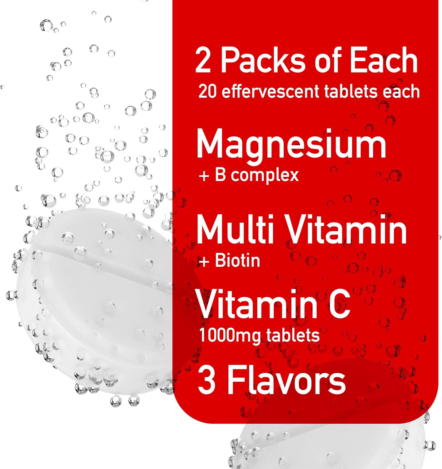 Swiss Imports Effervescent Variety Pack: Vitamin C 1000mg, Magnesium, B Complex, Multivitamin, Biotin - 6-Pack, 120 Tablets
