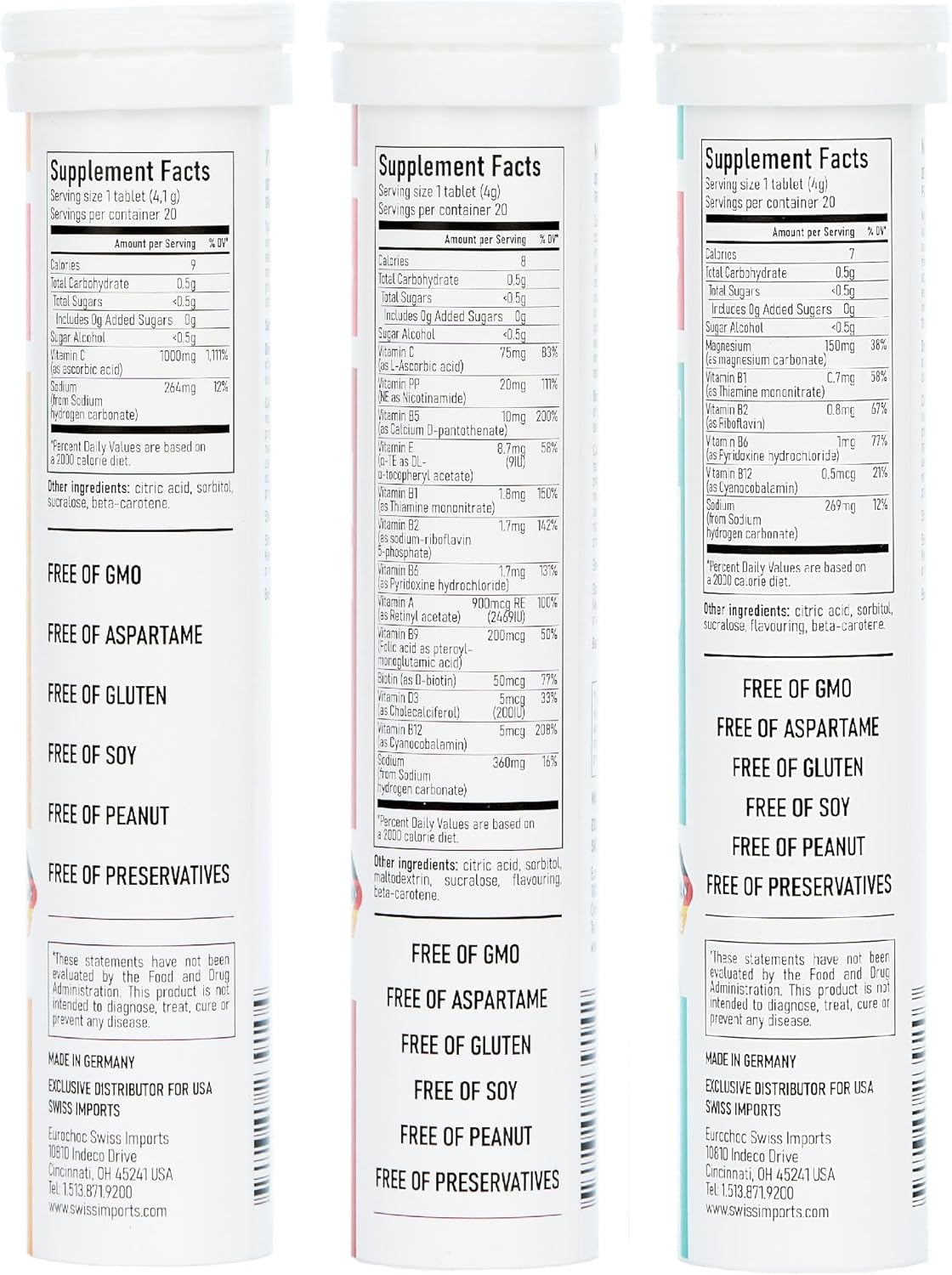 Swiss Imports Effervescent Variety Pack: Vitamin C 1000mg, Magnesium, B Complex, Multivitamin, Biotin - 6-Pack, 120 Tablets