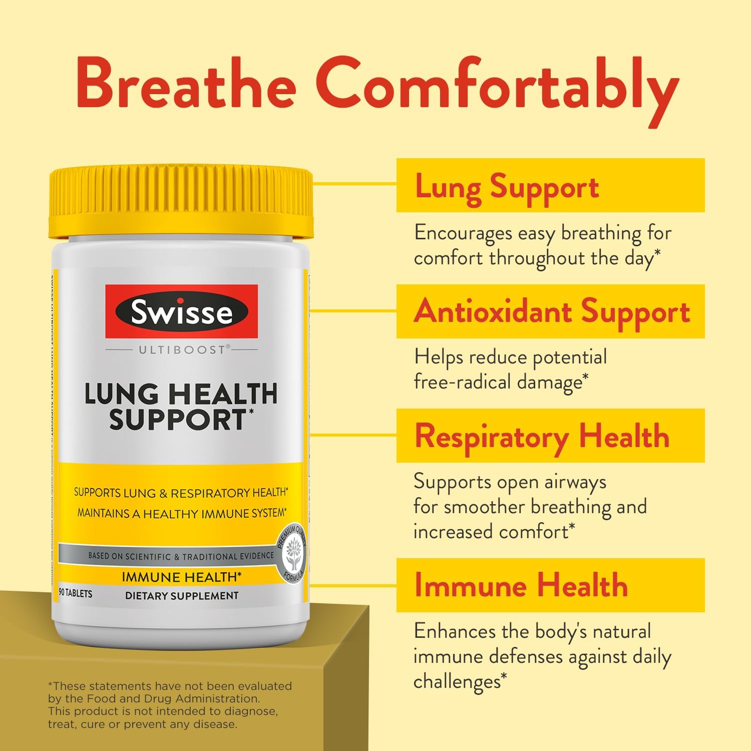 Swisse Lung Health Tablets | Enhances Respiratory Health with Mullein Leaf & Reishi | Boosts Immune System with Zinc & Vitamin C | 90 Tabs