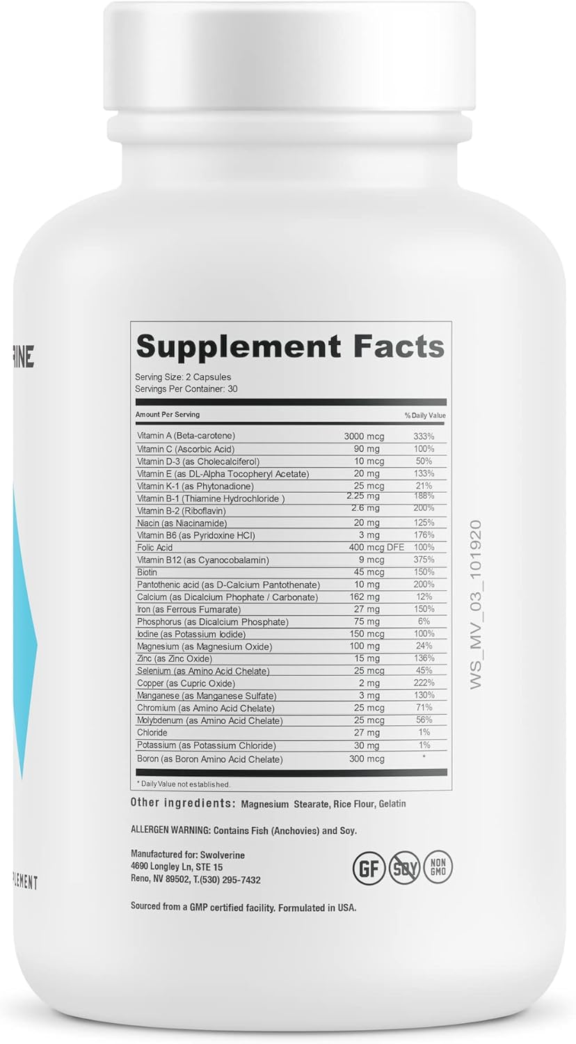Swolverine Multivitamin Capsules with Enhanced Minerals & Vitamins - Includes Magnesium, Zinc, Chromium, Iron, Calcium, Biotin (30 Servings)