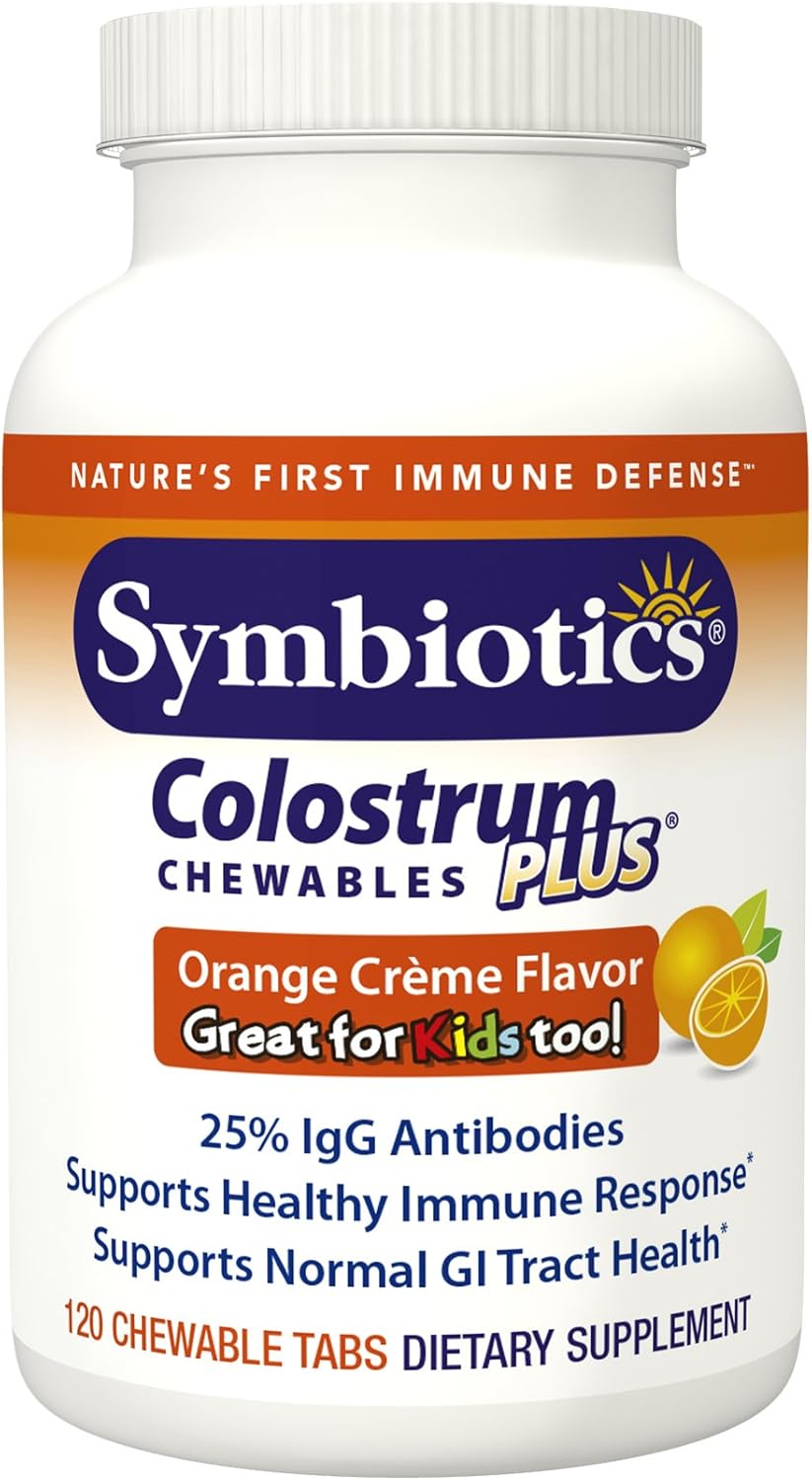 Symbiotics Colostrum Chewables - Immunity Support for Adults & Kids - Lactoferrin & Protein - Digestion & Gut Health - 25% lgG Antibodies - Gluten Free - Orange Creme - 120ct