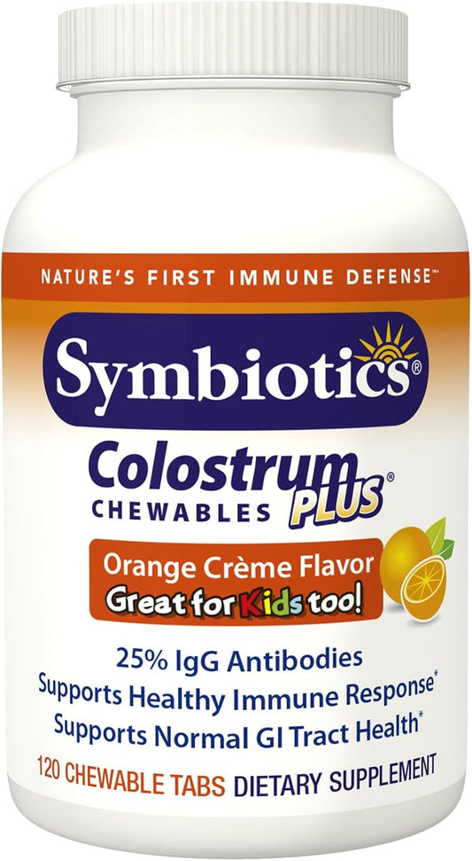 Symbiotics Colostrum Chewables - Immunity Support for Adults & Kids - Lactoferrin & Protein - Digestion & Gut Health - 25% lgG Antibodies - Gluten Free - Orange Creme - 120ct