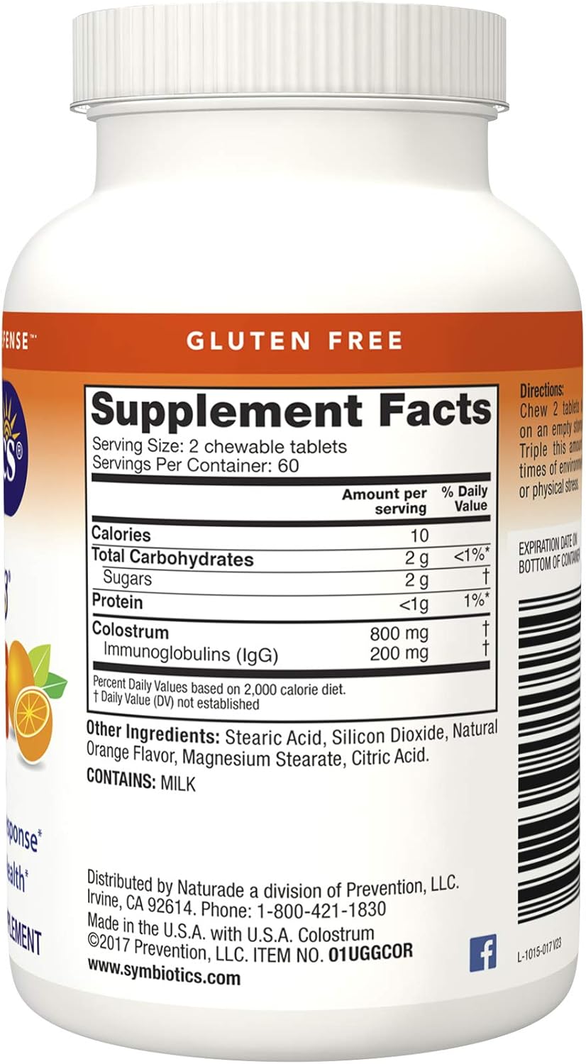 Symbiotics Colostrum Chewables - Immunity Support for Adults & Kids - Lactoferrin & Protein - Digestion & Gut Health - 25% lgG Antibodies - Gluten Free - Orange Creme - 120ct