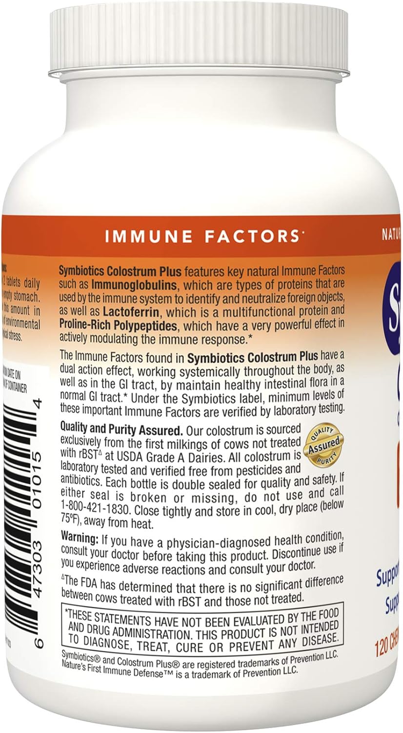 Symbiotics Colostrum Chewables - Immunity Support for Adults & Kids - Lactoferrin & Protein - Digestion & Gut Health - 25% lgG Antibodies - Gluten Free - Orange Creme - 120ct