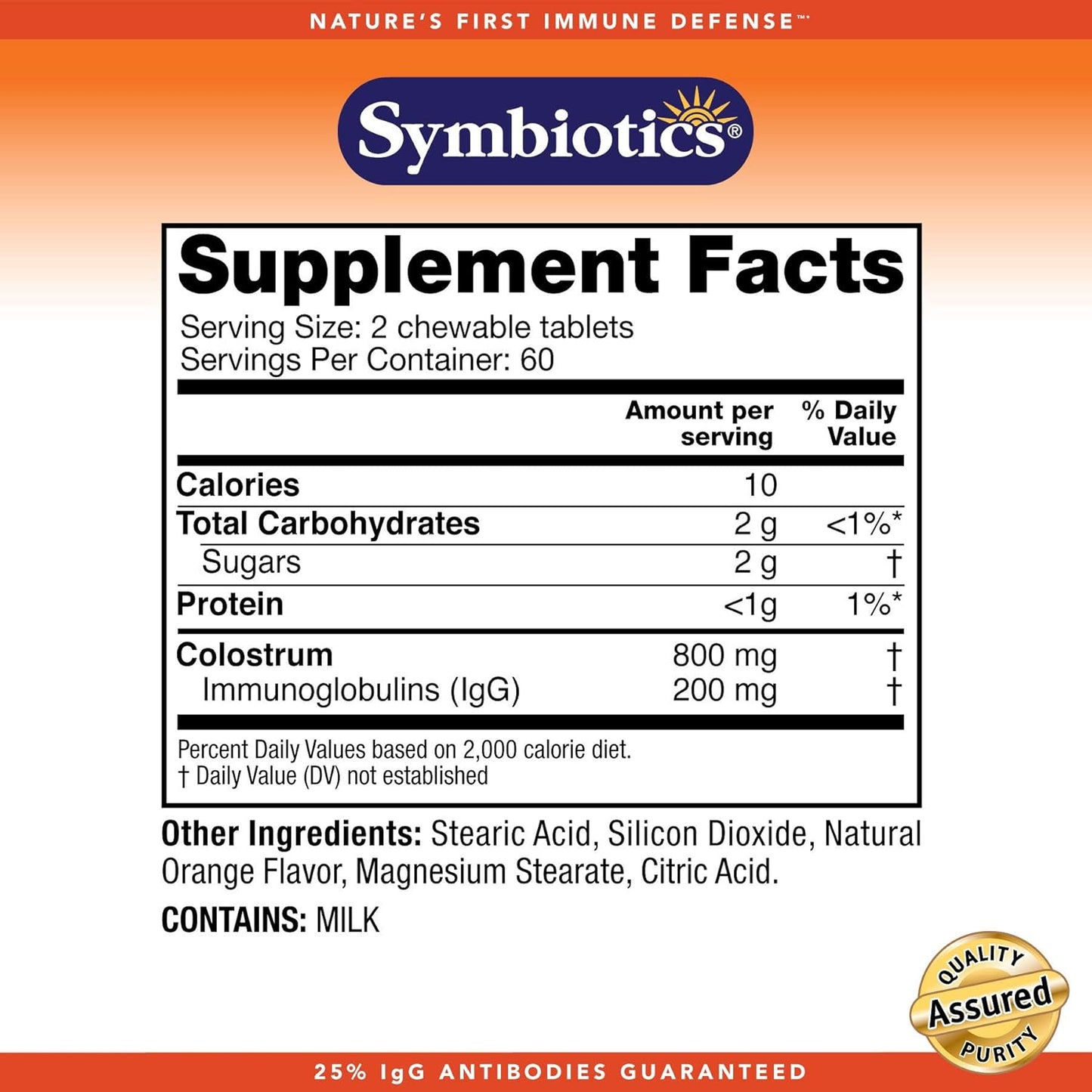 Symbiotics Colostrum Chewables - Immunity Support for Adults & Kids - Lactoferrin & Protein - Digestion & Gut Health - 25% lgG Antibodies - Gluten Free - Orange Creme - 120ct