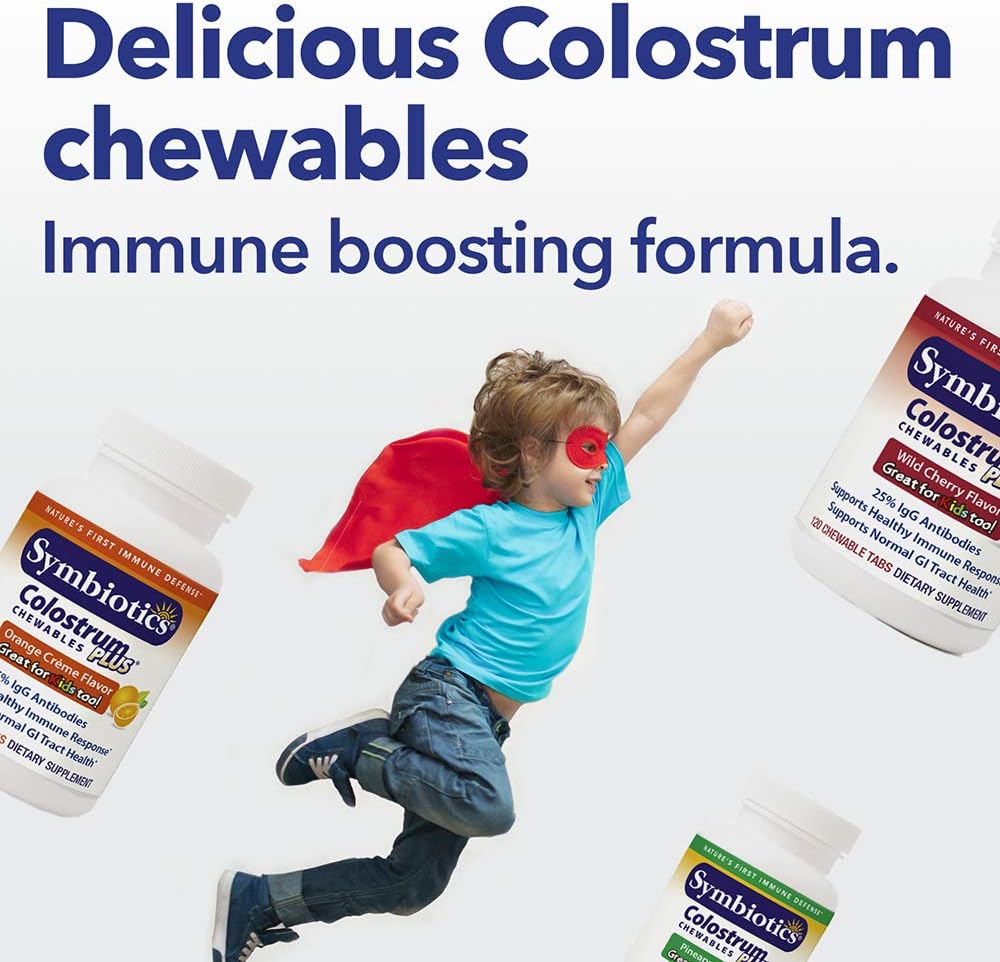 Symbiotics Colostrum Chewables - Immunity Support for Adults & Kids - Lactoferrin & Protein - Digestion & Gut Health - 25% lgG Antibodies - Gluten Free - Orange Creme - 120ct