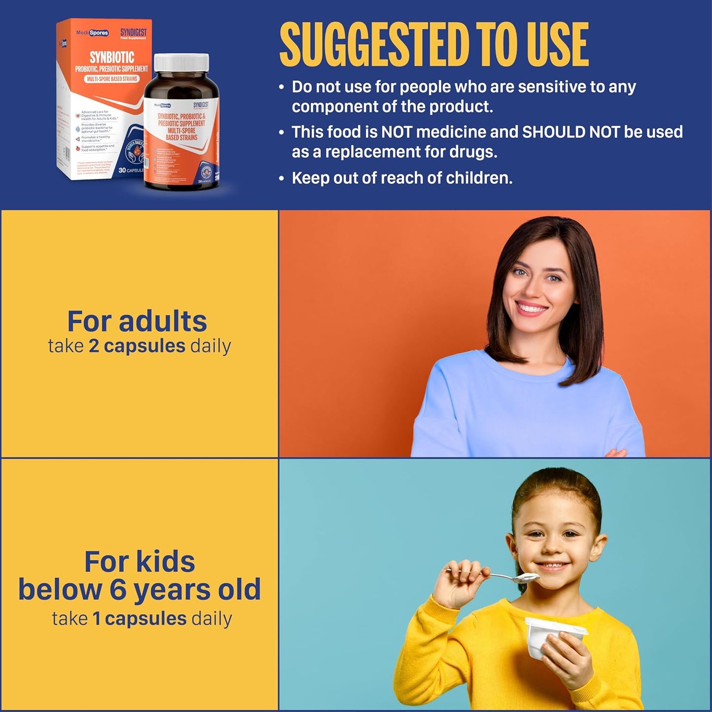 Syndigest Spore Probiotic & Prebiotic: Gut Health, Digestive Advantage, Immune Support - Women, Men, Kids - 30 Capsules